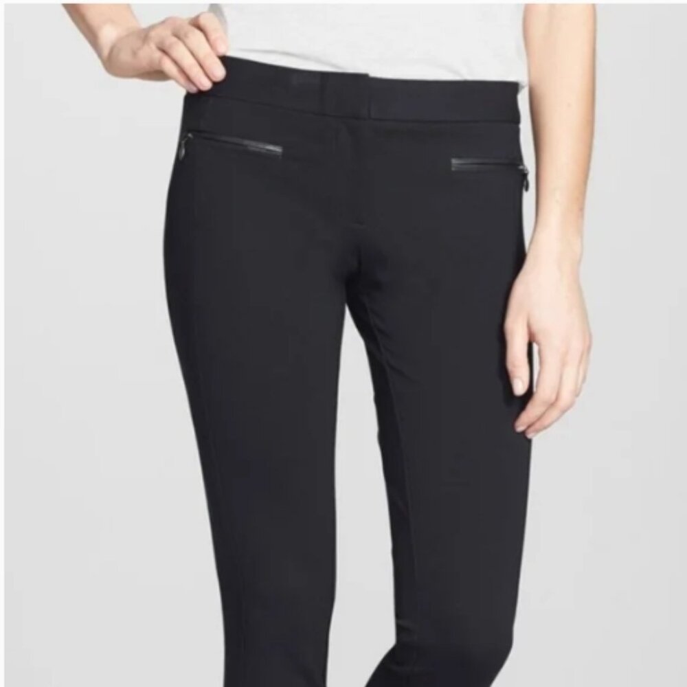 PAIGE Women’s Los Feliz Ponte Pants in black with leather trim, size 31.